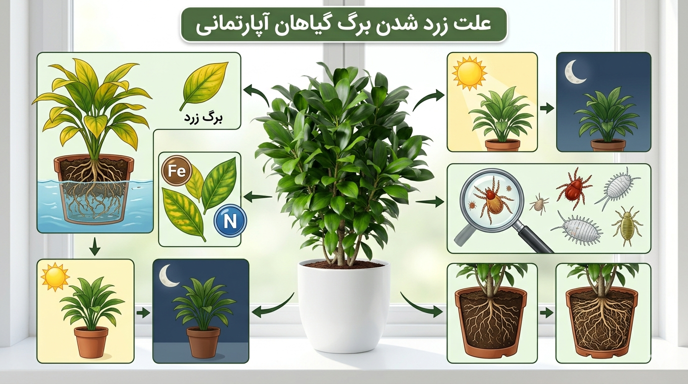 علت زرد شدن برگ گیاهان آپارتمانی چیست؟ بررسی کامل دلایل و راهحلهای کاربردی